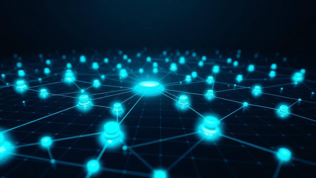 Network of connected AI agent nodes glowing over a dark grid