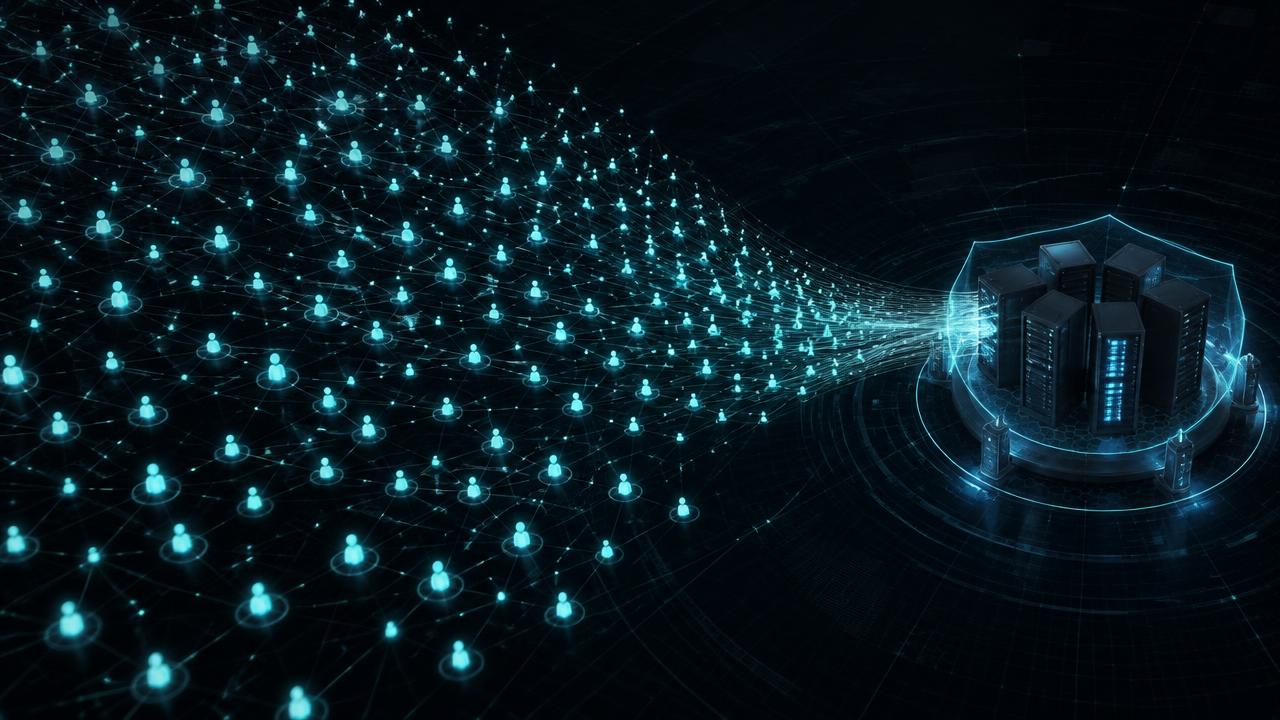 Swarm of glowing cyan agent nodes converging on a single protected server cluster