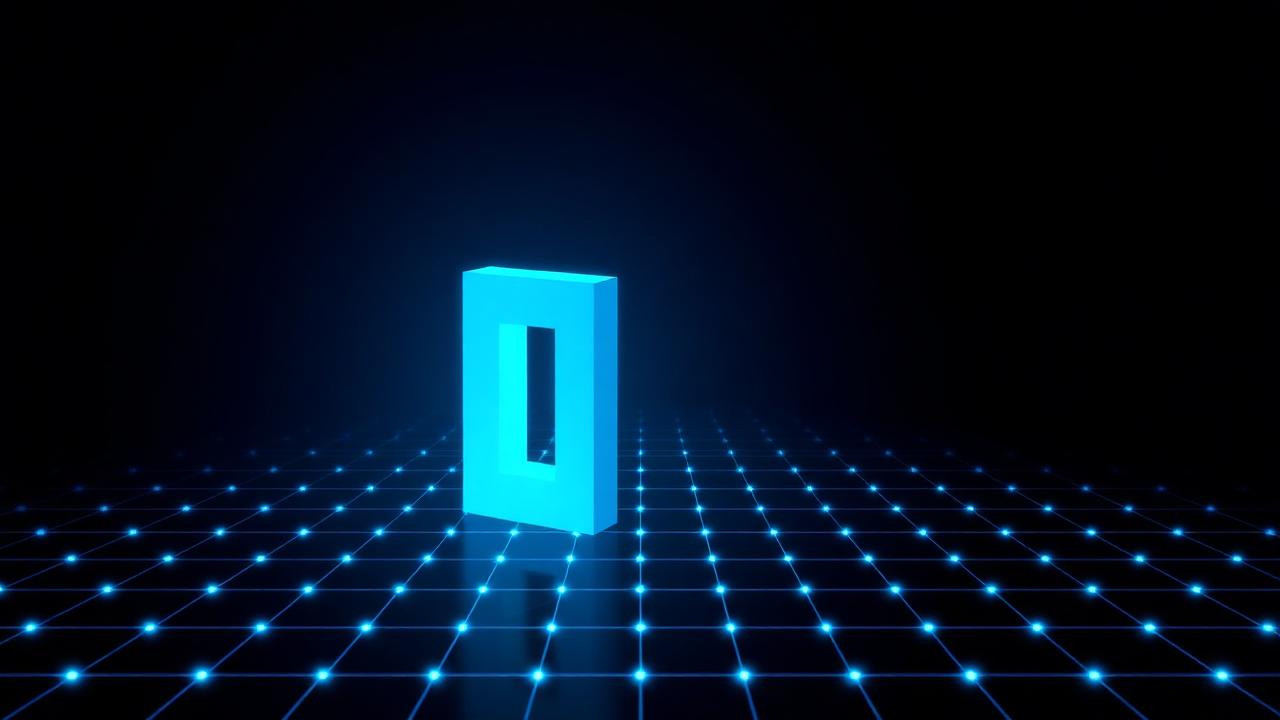 Glowing cyan monolith rising from a dark technical grid