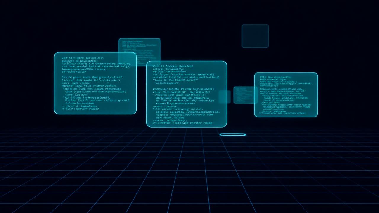 Floating translucent code panels with cyan glow over a dark grid